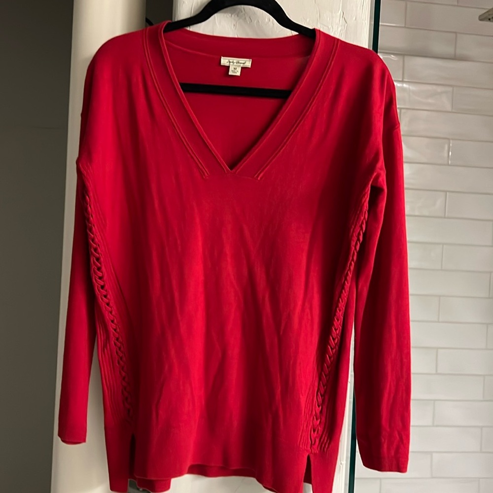 Lucky Brand red vneck sweater with unique sides.